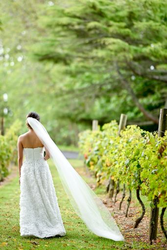 A vertical shot of a bride walking along a decorative wedding alley