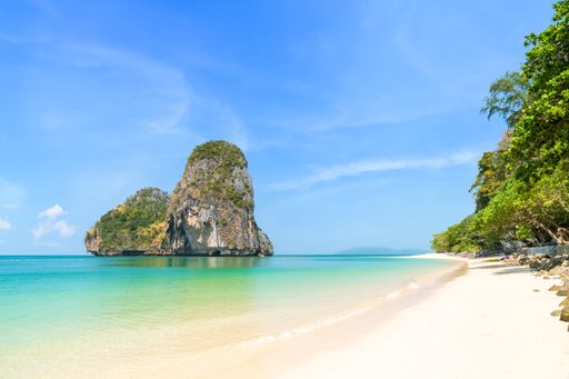 Ao Phra Nang near Railay beach with crystal clear water and exotic limestone island cliff, Krabi, Thailand