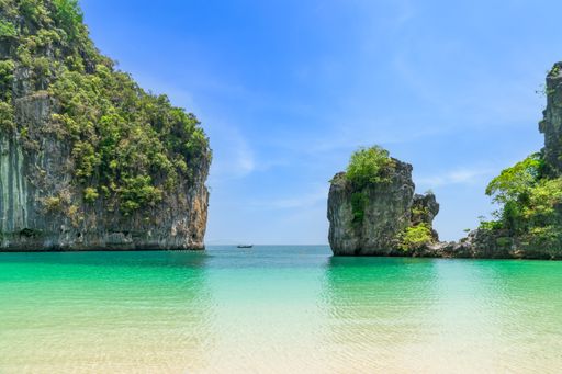 Ko Hong island and exotic beach with mountain cliff, with crystal clear water and white sand, Krabi, Thailand