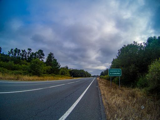 A view of the highway surrounded by grass, plants and trees and the street sign on a gloomy day