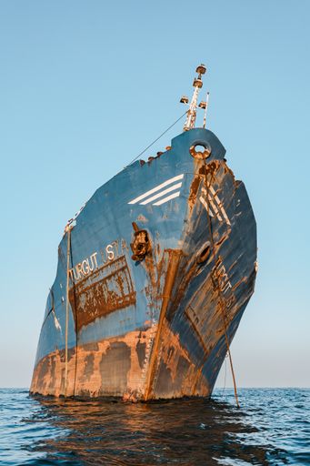 A vertical shot of a Shipwreck in the Sulina Branch of The Danube Delta against a cloudless sky