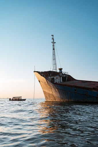 A vertical shot of a Shipwreck in the Sulina Branch of The Danube Delta against a cloudless sky