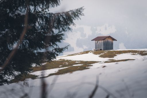 A solitary wooden cabin on a snowy hill with a misty mountain backdrop, framed by evergreen trees.