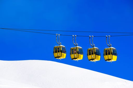 Four bright yellow cable cars taking people up the mountain to go for a day skiing, snowboarding, sledging, hiking on a beautiful sunny day.
