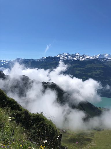 A vertical shot of rocky hills covered in greenery and fog under the sunlight and a blue sky