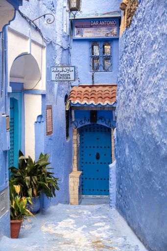A vibrant blue alleyway in Chefchaouen, Morocco, showcasing traditional Moroccan architecture and charm