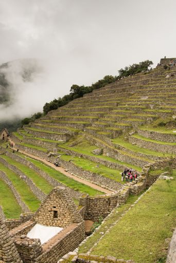 The green terraces of Machu Picchu citadel with fog in the background at Urubamba, Peru