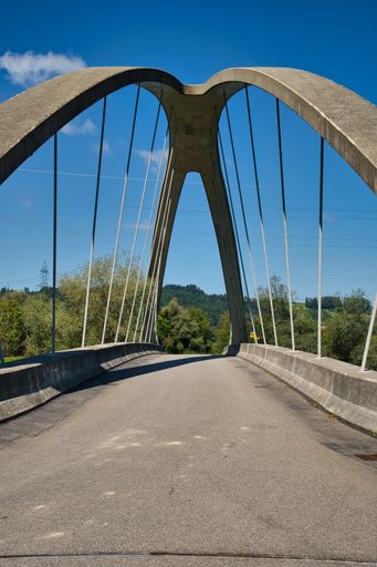 A vertical shot of an empty arched bridge surrounded by trees on a sunny day