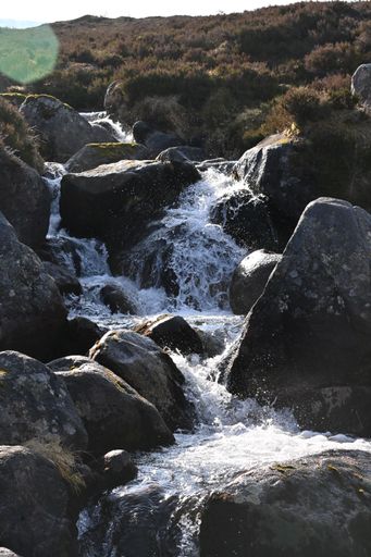 A mountain stream with waterfalls flowing over rocks surrounded by vegetation