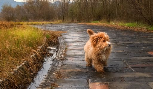 An adorable Tibetan terrier walking along a wet pathway in an autumn park