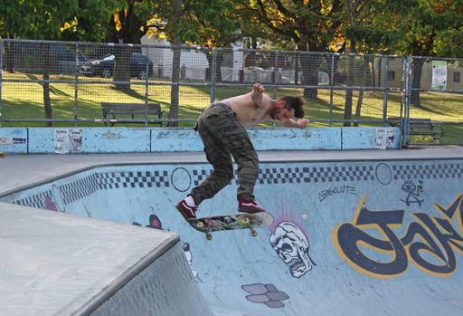 Many skaters training in a public skate park in Vancouver, Canada