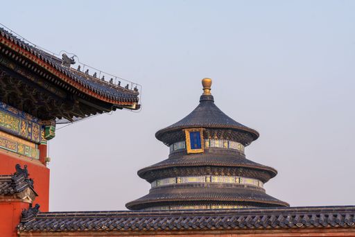 A close-up view of the Temple of Heaven in Beijing, showcasing intricate architectural details