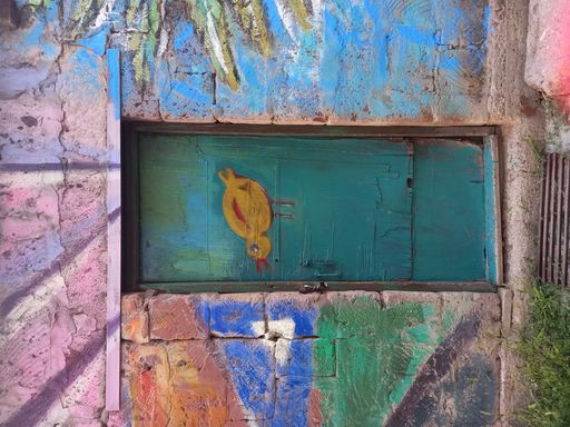 The painted door of an abandoned building