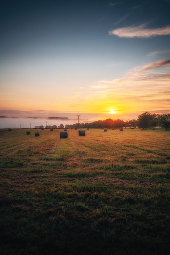 A vertical shot of round hay bales in the field at scenic sunset