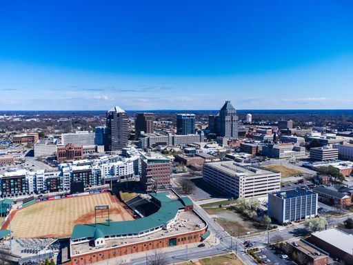 An aerial view of Greensboro, North Carolina showcasing the downtown skyline under a clear blue sky.