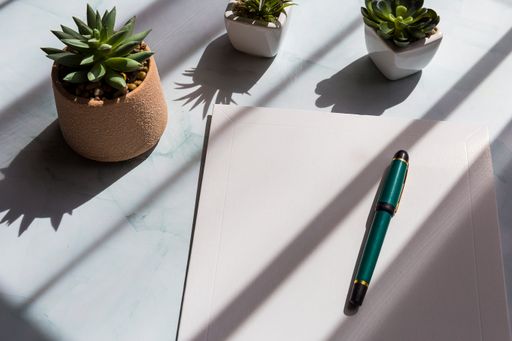 A high-angle shot of a blank A4 paper, pots of cactuses, and a pen on a white table