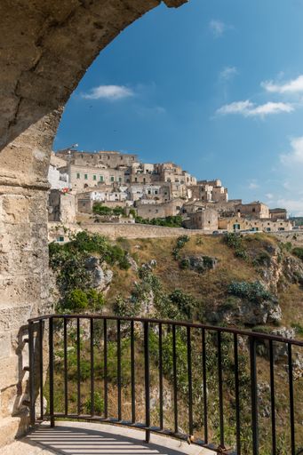 A beautiful view from the balcony to the Matera hilltop old town in Italy
