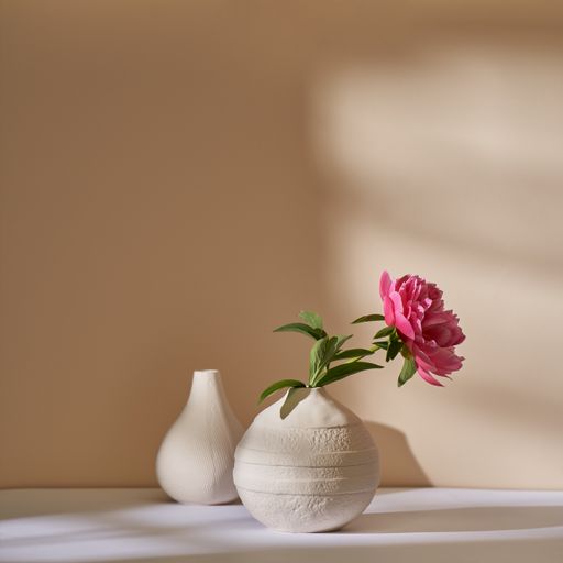 A pink peony in a white ceramic vase against a beige wall