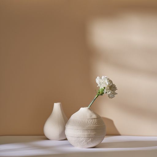 A white carnation in a ceramic vase against a beige wall