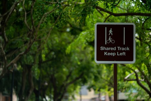 A pedestrian and cyclist shared track sign on the background of tree branches