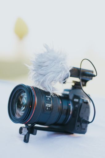 A vertical shot of a Canon EOS R camera with Canon 24-70mm f4 lens and microphone with dead cat mic cover