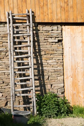 A rustic wooden staircase leaned against the barn wall