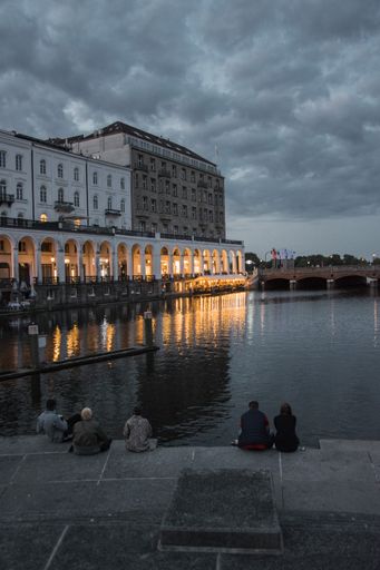 the Night view of old town buildings beside the river