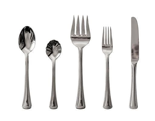 A closeup of silver spoon, fork and knife utensils isolated on a white background
