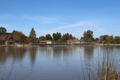 Serene lakeside view with houses and trees reflecting on the water under a clear blue sky.