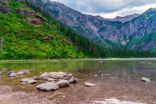 Scenic view of a tranquil lake surrounded by lush greenery and towering mountains under a cloudy sky at Glacier National Park.
