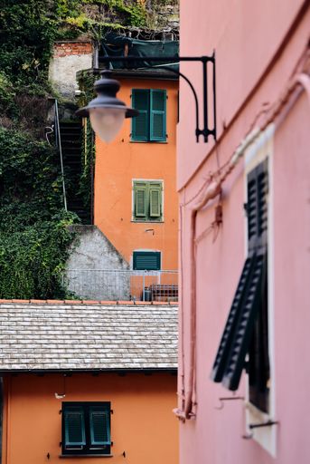 Colorful Italian village buildings with green shutters and ivy-covered walls, highlighting architectural charm.