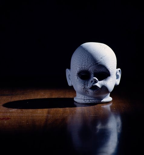 A scary creepy skull of a kid on a wooden table in the darkness