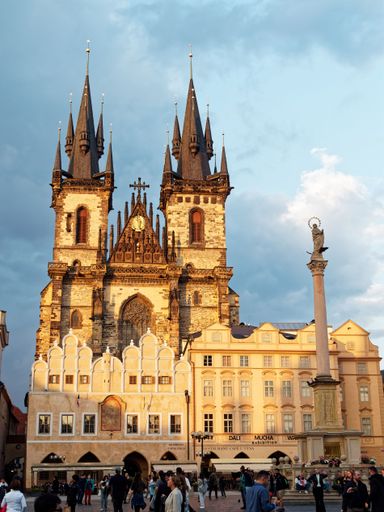 A stunning view of The Church of Our Lady before Tyn at sunset