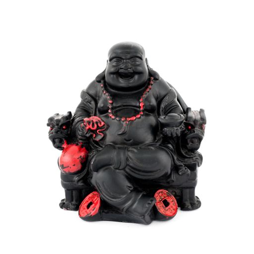 An isolated shot of a black statue of the Japanese Fat Buddha