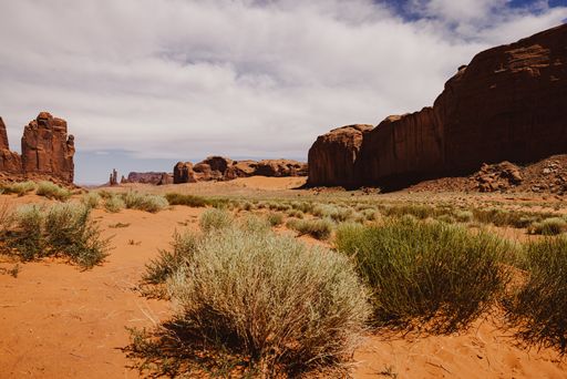 Scenic view of Monument Valley's red sandstone formations under a partly cloudy sky, showcasing the desert landscape.