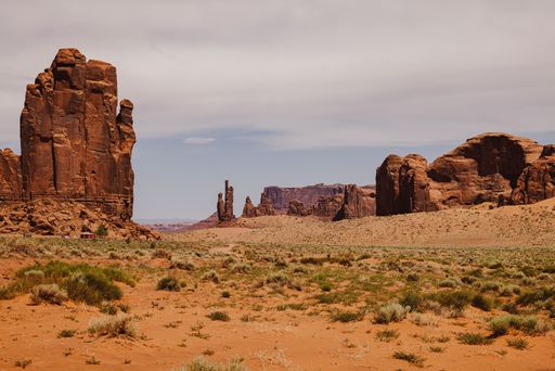 Stunning view of Monument Valley's iconic red rock formations under a partly cloudy sky, capturing the essence of the American Southwest.