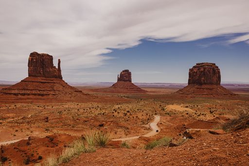 Scenic view of Monument Valley with iconic buttes under a partly cloudy sky in Arizona, showcasing the desert landscape.