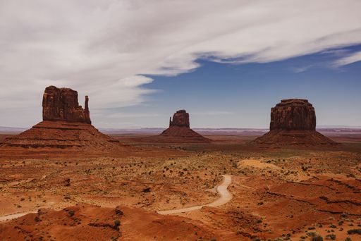 Panoramic view of Monument Valley's iconic buttes under a partially cloudy sky, showcasing the natural beauty of the desert landscape.