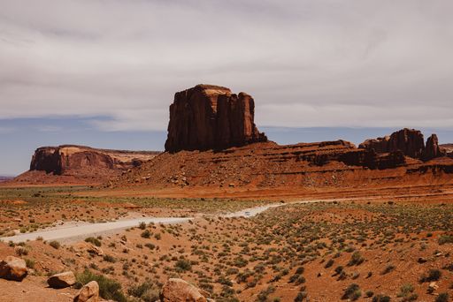 Scenic view of Monument Valley's iconic red rock formations under a cloudy sky.