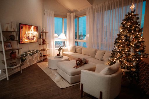 A beautiful house interior with a lighted Christmas tree and a miniature poodle on sofa
