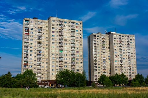 A beautiful view of the two high rise apartment buildings in Poznan, Poland