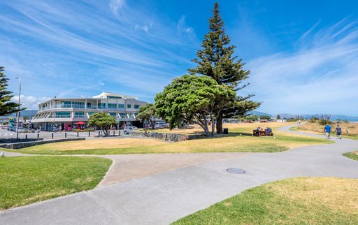 paraparaumu beach scenes and the shopping street on the beach parade with walkways and casual lifestyle