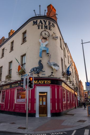 Ireland, Dublin, a low angle shot of the facade of Mayes time lounge bar in the corner of Dorset street