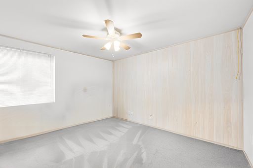 Various rooms of a suburban home including bedrooms, bathrooms, kitchen, and open living spaces with vaulted ceilings and ceiling fans.