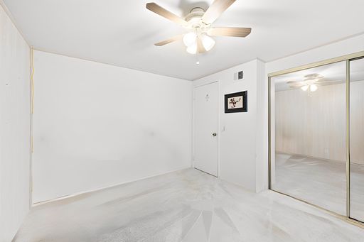 Various rooms of a suburban home including bedrooms, bathrooms, kitchen, and open living spaces with vaulted ceilings and ceiling fans.