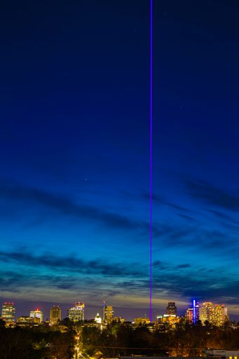 The Sacramento Kings winning beam against the Sacramento skyline.