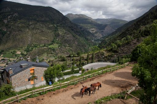 A beautiful view of a mountainous landscape with horses crossing the road in Andorra, Pyrenees