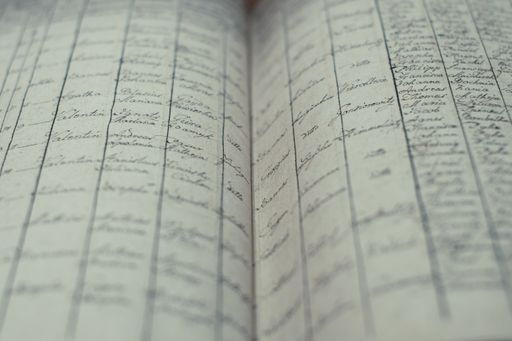 A soft focus of an old book of local records with list of residents' names and information