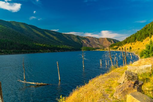 Scenic view of a serene lake surrounded by lush green hills under a vibrant blue sky in a picturesque landscape.