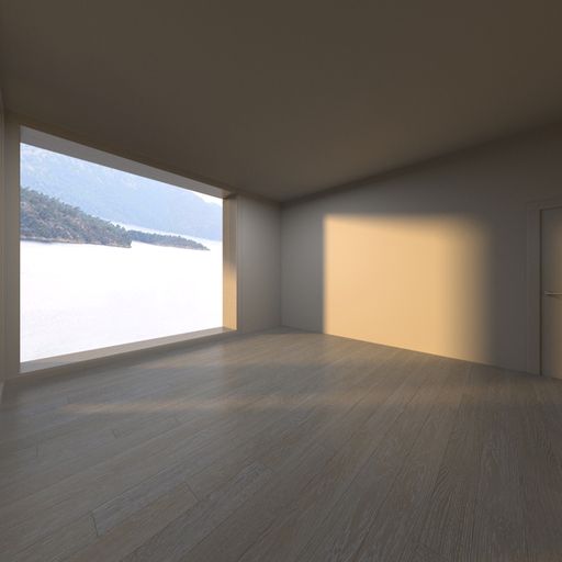 Minimalist empty room with large window view of serene lake and mountains, showcasing natural light and wooden flooring.